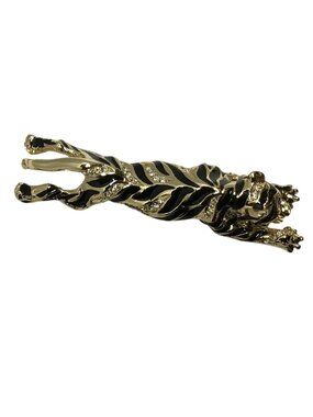 Metal Vintage Gold Tone Black Enamel Rhinestone Green Eyed Tiger Brooch Pin